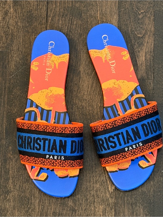 Dior Shoes - Dior Blue and Orange Logo Slide Sandals